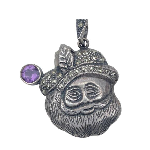 Vintage Sterling Silver Amethyst Marcasite Santa Pendant